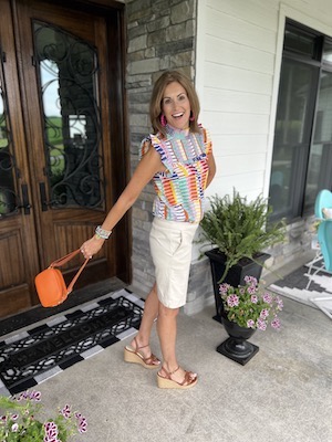 Beige Bermuda Shorts and Multi Color top