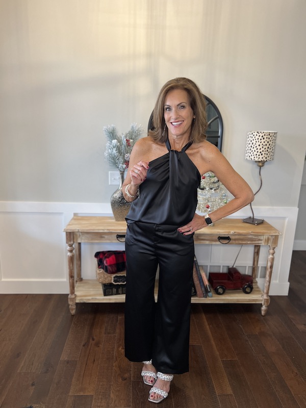 Black halter top and satin pants