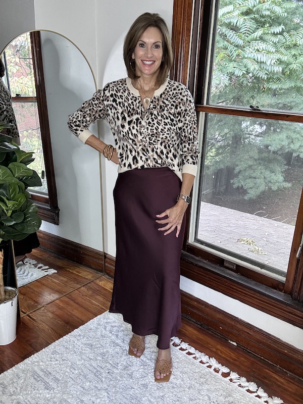 leopard Cardigan and satin skirt