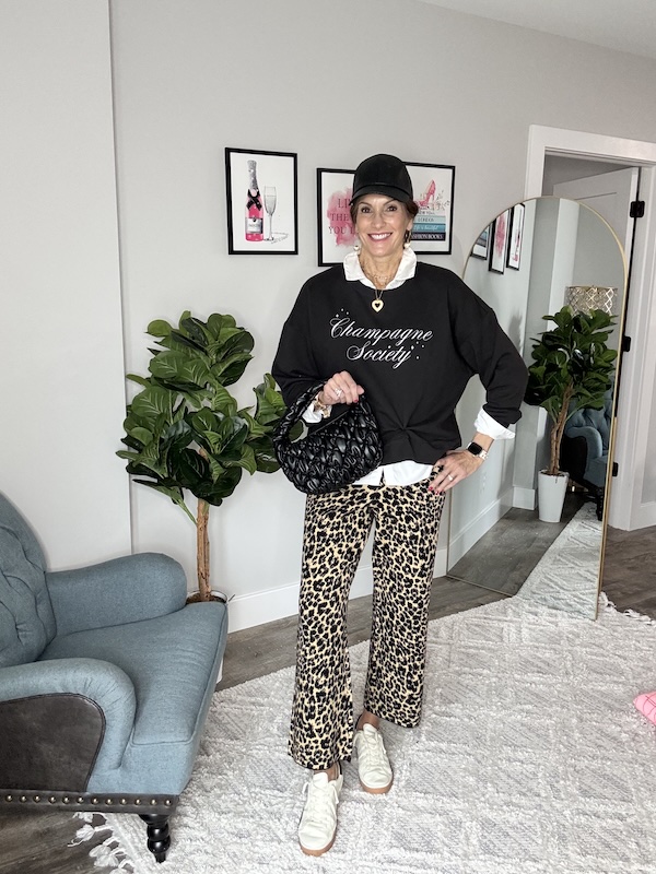 graphic sweatshirt and leopard sweater pants